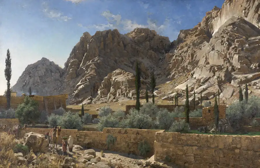 Pintura de Adolf Meckel: o mosteiro de Santa Catarina ao pé do monte Sinai