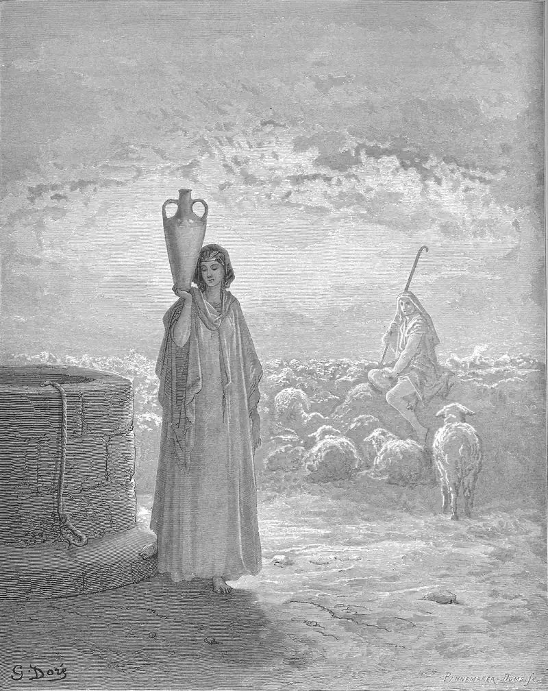 Gravura de Gustave Doré: Raquel em primeiro plano, com um cântaro no ombro, junto a um poço; ao fundo, um pastor com cajado no meio das ovelhas.