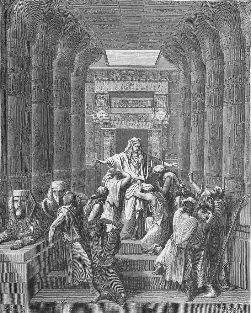 Gravura de Gustave Doré: José de pé no alto de uma escada, num salão egípcio de colunas, de braços abertos; os irmãos em volta, uns ajoelhados, outros abraçados a ele, alguns com as mãos no rosto; duas esfinges à esquerda.