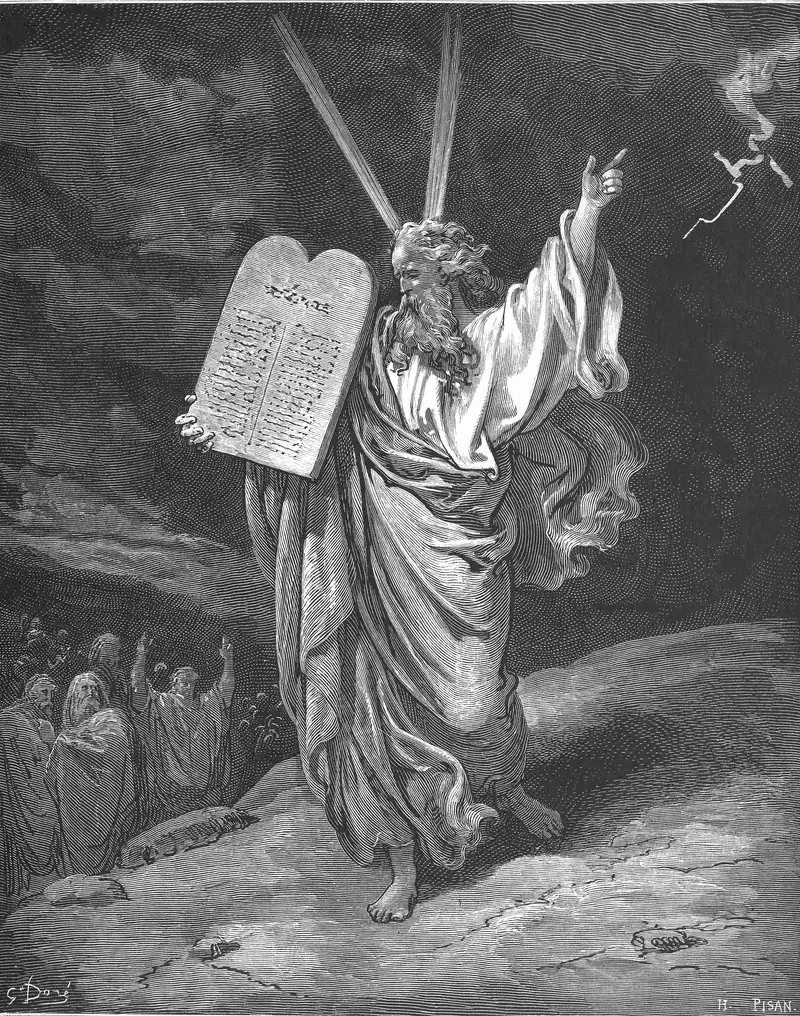 Gravura de Gustave Doré: Moisés descendo o monte com as duas tábuas escritas no braço, feixes de luz saindo da cabeça, um raio no céu escuro; o povo, pequeno, no canto inferior esquerdo.