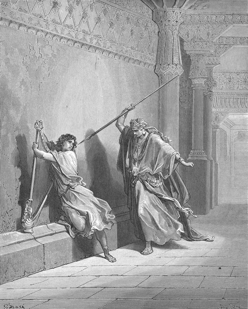 Gravura de Gustave Doré: à esquerda, um jovem de túnica curta, com uma harpa, recua contra a parede e olha para trás; à direita, um homem de turbante e manto longo arremessa uma lança, que passa rente à cabeça do jovem; salão com colunas e frisos; chão de lajes.