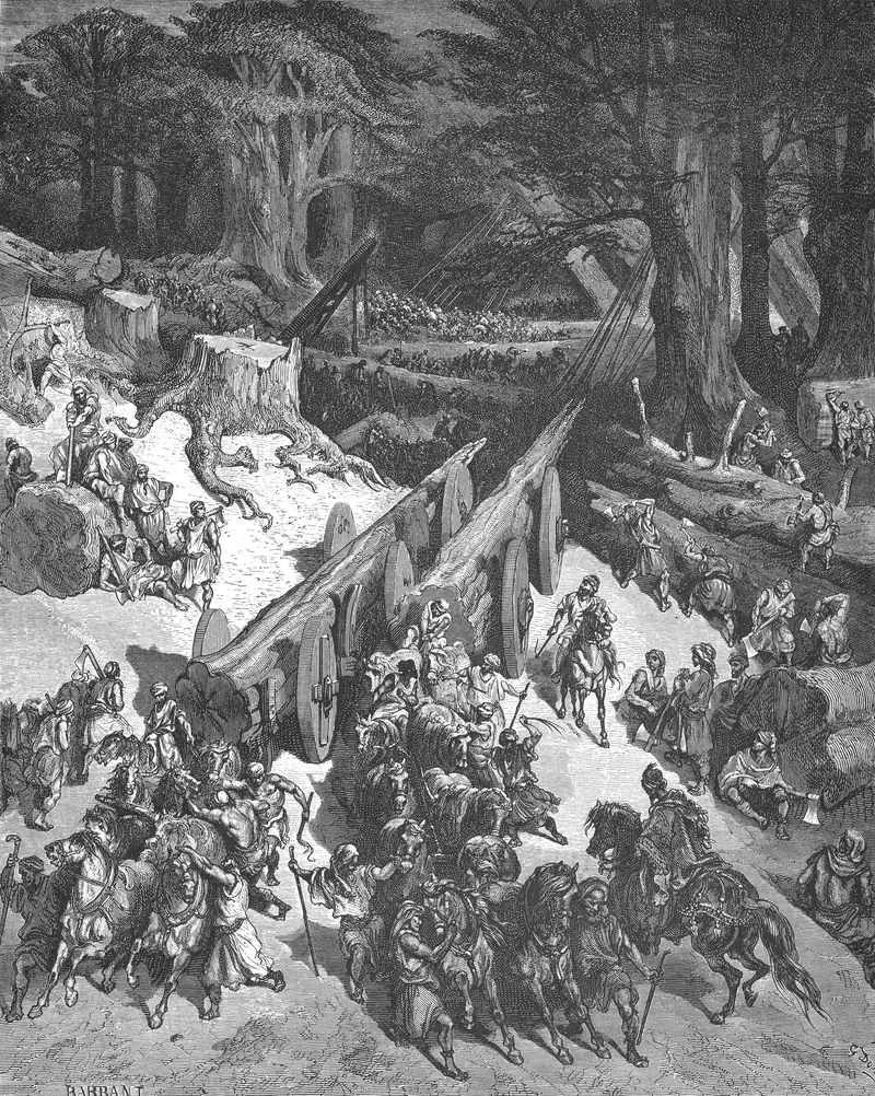 Gravura de Gustave Doré: uma floresta de cedros; troncos enormes, já cortados, deitados sobre carretas de rodas grandes e puxados por parelhas de cavalos; homens com machados e cordas; um cavaleiro no meio da estrada; tocos cortados à esquerda; ao fundo, mais troncos içados e uma multidão de trabalhadores.