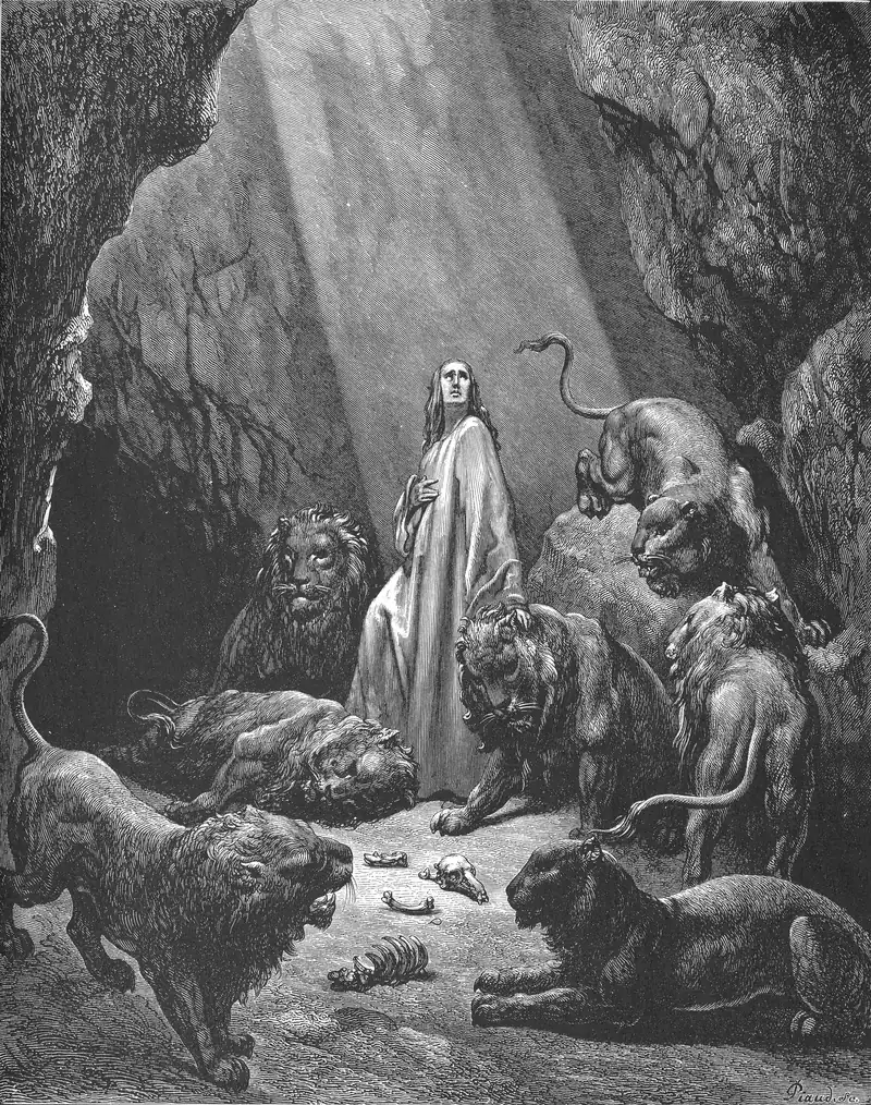 Gravura de Gustave Doré: numa caverna de pedra, um feixe de luz cai do alto sobre um homem de manto claro, de pé, com a mão no peito e o olhar para cima; em volta, sete leões, deitados, sentados e um descendo de uma pedra; no chão, embaixo, alguns ossos e um crânio.